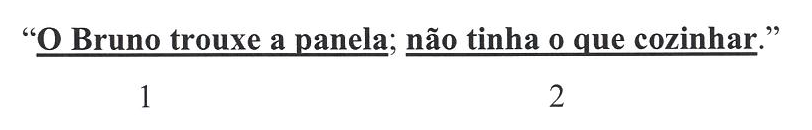 Frase: “O Bruno trouxe a panela; não tinha o que cozinhar.” A parte “O Bruno trouxe a panela” está sublinhada com o número 1 abaixo; a parte “não tinha o que cozinhar” está sublinhada com o número 2 abaixo.
