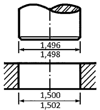 Desenho de eixo com cota de diâmetro 1,496/1,498 e, abaixo, furo em corte hachurado com cota 1,500/1,502.