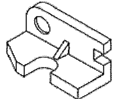 Perspectiva isométrica da alternativa A: peça com aba vertical furada, nervura inclinada e recorte semicircular na base; os detalhes da extremidade direita e do recorte variam entre as alternativas.