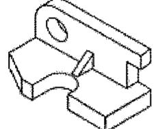 Perspectiva isométrica da alternativa B: peça com aba vertical furada, nervura inclinada e recorte semicircular na base; os detalhes da extremidade direita e do recorte variam entre as alternativas.