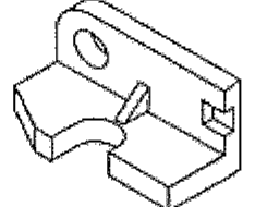 Perspectiva isométrica da alternativa C: peça com aba vertical furada, nervura inclinada e recorte semicircular na base; os detalhes da extremidade direita e do recorte variam entre as alternativas.