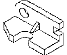 Perspectiva isométrica da alternativa D: peça com aba vertical furada, nervura inclinada e recorte semicircular na base; os detalhes da extremidade direita e do recorte variam entre as alternativas.