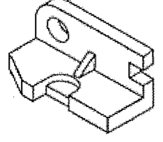 Perspectiva isométrica da alternativa E: peça com aba vertical furada, nervura inclinada e recorte semicircular na base; os detalhes da extremidade direita e do recorte variam entre as alternativas.