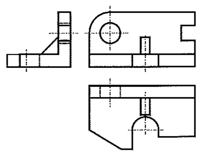 Três vistas ortográficas de uma peça: vista lateral em L com nervura, vista frontal com furo circular, rasgo retangular na lateral direita e pino central, e vista superior com canto chanfrado e recorte semicircular, com linhas de centro e arestas ocultas tracejadas.