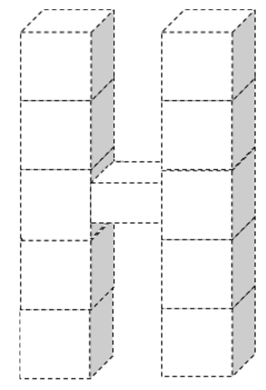 Figura 8: maquete em perspectiva formada por duas torres de 5 cubos empilhados cada, ligadas na altura do terceiro cubo por uma passagem em forma de paralelepípedo.