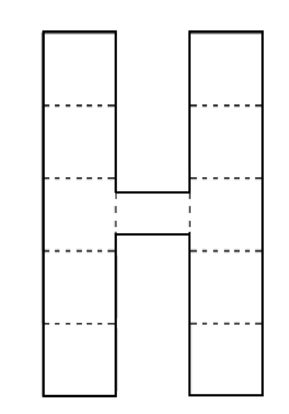 Figura 9: vista frontal da maquete em forma de letra H — duas colunas de 5 quadrados ligadas no meio por um retângulo.