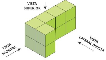 Sólido em perspectiva (com setas indicando vista superior, vista frontal e vista lateral direita): fileira de cubos em 2 andares, de 2 cubos de largura na frente e 1 cubo de largura atrás, ao longo de 4 cubos de profundidade.