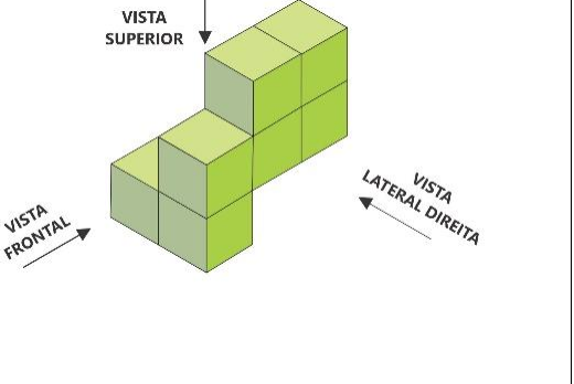 Sólido em perspectiva (com setas indicando vista superior, vista frontal e vista lateral direita): cubos dispostos em degraus, com uma coluna de 2 andares ao fundo e cubos em 2 andares na parte da frente à esquerda.