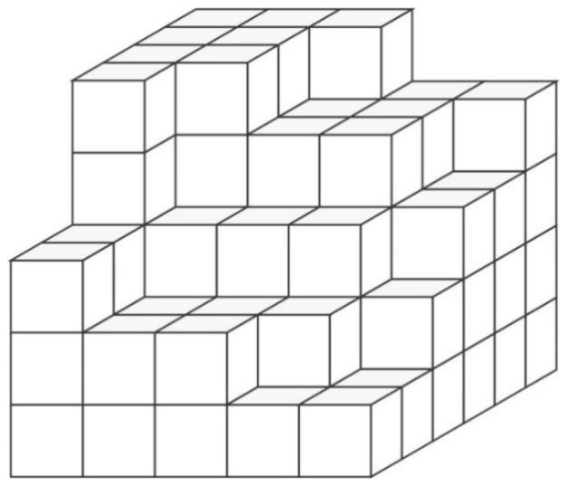 Figura 2 – Pilha de blocos cúbicos idênticos em perspectiva, em forma de escada irregular: base com 3 andares de cubos e partes mais altas com 4 e 5 andares ao fundo, deixando espaços a completar para formar um paralelepípedo.