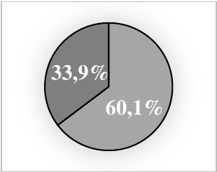 Gráfico de setores com as fatias 33,9% e 60,1%.