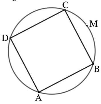 Quadrado ABCD inscrito em um círculo, com o ponto M sobre o arco entre C e B.