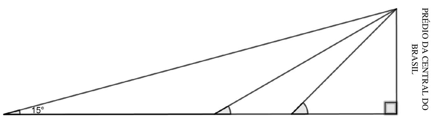 Esquema de três triângulos retângulos com o mesmo cateto vertical, que representa o prédio da Central do Brasil; o ângulo de 15° está no ponto de observação mais distante, e dois outros ângulos estão marcados nos pontos mais próximos do prédio.