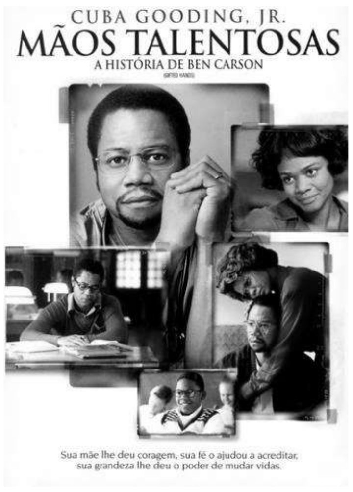 Cartaz do filme com os dizeres “CUBA GOODING, JR.”, “MÃOS TALENTOSAS” e “A HISTÓRIA DE BEN CARSON”, montagem de fotos do protagonista e de cenas do filme e, no rodapé: “Sua mãe lhe deu coragem, sua fé o ajudou a acreditar, sua grandeza lhe deu o poder de mudar vidas.”