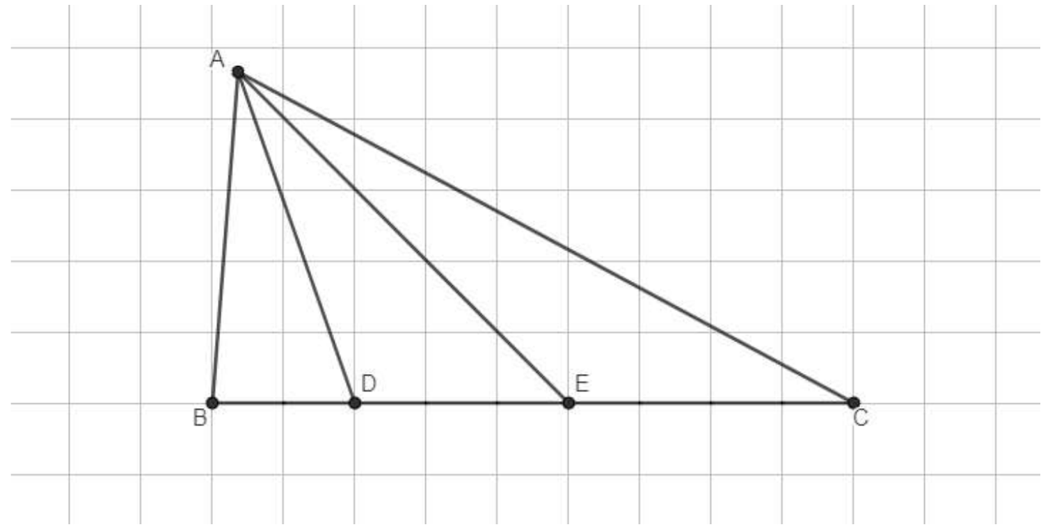 Triângulo ABC em malha quadriculada: o vértice A fica no alto, à esquerda; os pontos B, D, E e C estão, nessa ordem, sobre a mesma linha horizontal da malha, com BD igual a 2 lados de quadradinho, DE igual a 3 e EC igual a 4. Segmentos ligam A aos pontos B, D, E e C.