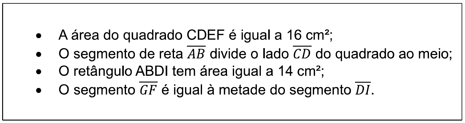 Quadro com as orientações: • A área do quadrado CDEF é igual a 16 cm²; • O segmento de reta AB (com barra superior) divide o lado CD (com barra superior) do quadrado ao meio; • O retângulo ABDI tem área igual a 14 cm²; • O segmento GF (com barra superior) é igual à metade do segmento DI (com barra superior).