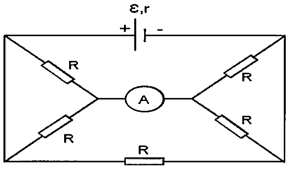 Circuito retangular com gerador (ε, r) no lado superior e resistor R no lado inferior; de cada vértice partem resistores R diagonais até dois nós centrais, ligados entre si por um amperímetro A.