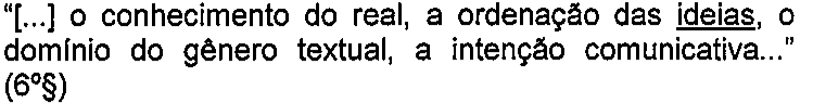 “[...] o conhecimento do real, a ordenação das ideias, o domínio do gênero textual, a intenção comunicativa...” (6º§) — termo sublinhado: ideias