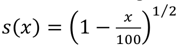 Fórmula: s(x) igual a, entre parênteses, 1 menos x sobre 100, elevado a 1/2.