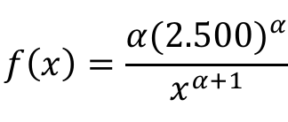 Fórmula: f(x) igual a alfa vezes 2.500 elevado a alfa, dividido por x elevado a alfa mais 1.