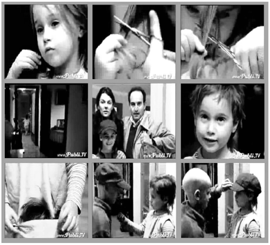 Texto VIII: sequência de nove quadros fotográficos em preto e branco, em três linhas de três. Linha 1: menina de cabelos compridos com a mão no cabelo, expressão pensativa; mão com tesoura cortando mechas de cabelo; tesoura cortando cabelo em close. Linha 2: criança correndo em um corredor; casal adulto com criança de boné à frente; criança de cabelo curto e desarrumado sorrindo. Linha 3: mãos e cabelo cortado sobre um tecido; menino de boné diante da criança de cabelo curto; o menino, sem boné e com a cabeça raspada, diante da criança, que usa o boné.