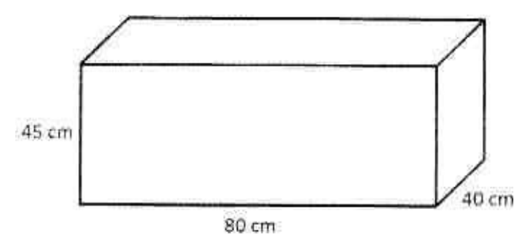 Paralelepípedo (caixa) com medidas indicadas: 45 cm de altura, 80 cm de comprimento e 40 cm de largura.