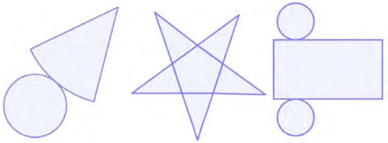 Três planificações desenhadas lado a lado: 1) um setor circular unido a um círculo; 2) um pentágono com cinco triângulos nos lados, formando uma estrela; 3) um retângulo com um círculo acima e outro abaixo.