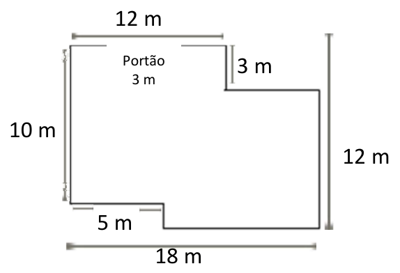 Planta poligonal da fazenda com cotas: lado superior 12 m, com um portão de 3 m indicado nele; degrau de 3 m à direita no alto; lado esquerdo 10 m; lado direito 12 m; degrau de 5 m embaixo à esquerda; base total 18 m.