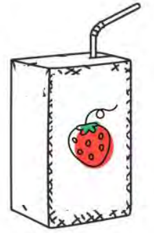 Desenho de uma caixinha de suco em forma de paralelepípedo, com canudo e o desenho de um morango na face frontal.