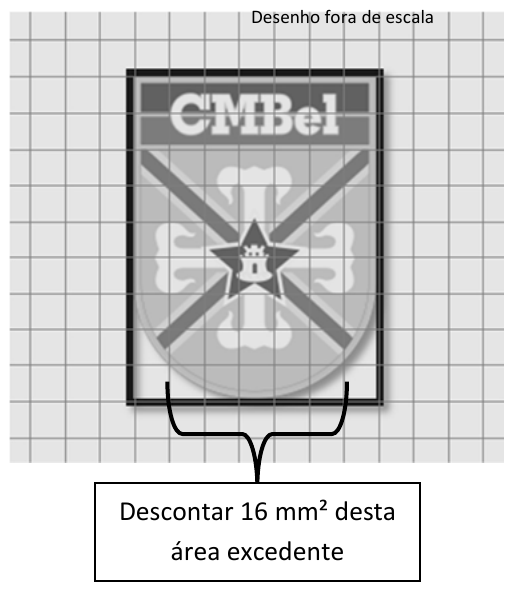 Brasão do CMBel desenhado sobre malha quadriculada, contornado por um retângulo; uma chave sob a parte inferior arredondada aponta para a caixa "Descontar 16 mm² desta área excedente". No alto, a nota "Desenho fora de escala".