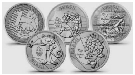 Cinco moedas comemorativas dos Jogos Rio 2016.