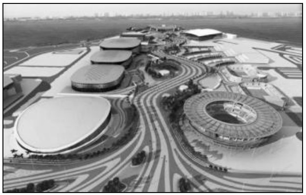 Fotografia aérea do Parque Olímpico da Barra da Tijuca, com arenas e o velódromo.
