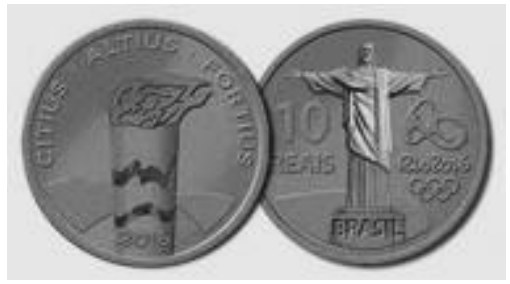 Frente e verso de moeda comemorativa de 10 reais dos Jogos Rio 2016, com a tocha olímpica e o Cristo Redentor.
