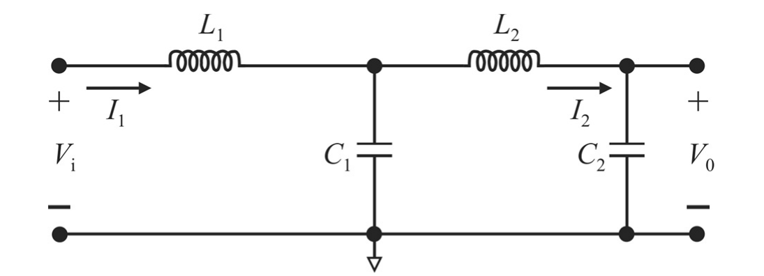 Circuito em escada: tensão de entrada Vi, corrente I1 pelo indutor L1 em série, capacitor C1 em derivação, corrente I2 pelo indutor L2 em série, capacitor C2 em derivação e tensão de saída V0 sobre C2.
