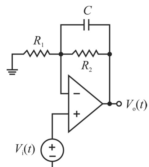 Amplificador operacional com fonte Vi(t) na entrada não inversora, resistor R1 da entrada inversora ao terra e, entre a entrada inversora e a saída Vo(t), resistor R2 em paralelo com capacitor C.