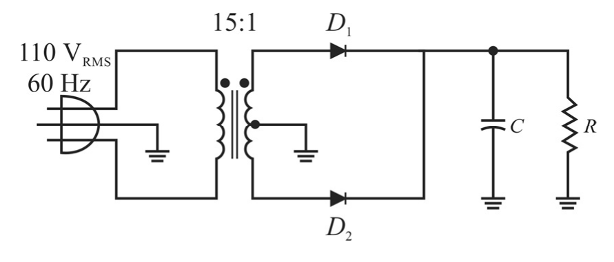 Fonte com transformador 15:1 de secundário com tomada central aterrada, primário em 110 VRMS 60 Hz, diodos D1 e D2 ligados às extremidades do secundário com catodos unidos, capacitor C e resistor R em paralelo na saída.