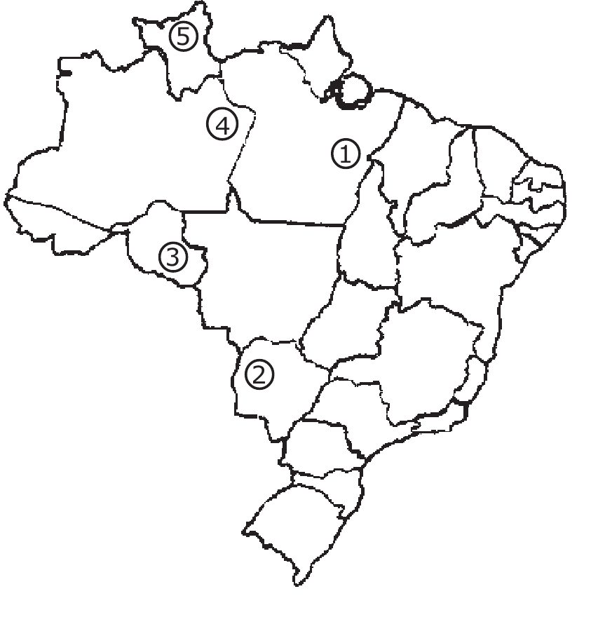 Mapa do Brasil com a divisão estadual e cinco áreas numeradas: 1 na porção norte-central; 2 na porção centro-oeste, perto da fronteira oeste; 3 na porção oeste; 4 na porção noroeste; 5 no extremo norte.
