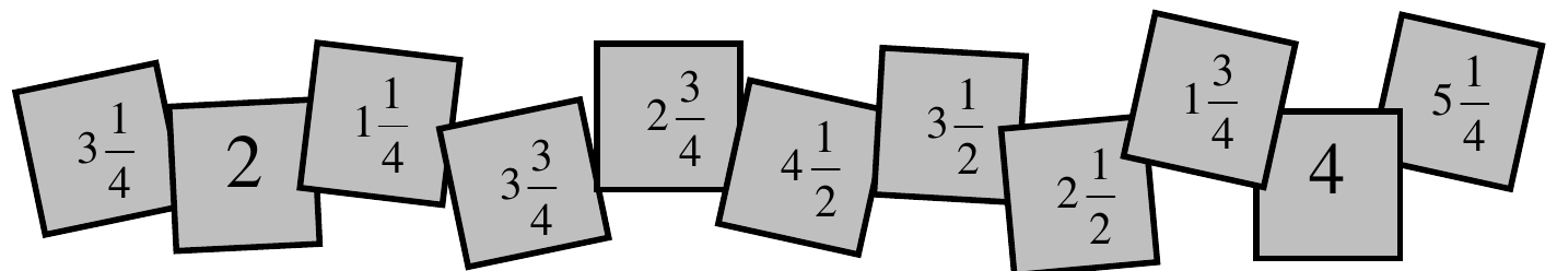 Onze cartões quadrados cinza com os números: 3 inteiros e 1/4; 2; 1 inteiro e 1/4; 3 inteiros e 3/4; 2 inteiros e 3/4; 4 inteiros e 1/2; 3 inteiros e 1/2; 2 inteiros e 1/2; 1 inteiro e 3/4; 4; 5 inteiros e 1/4.