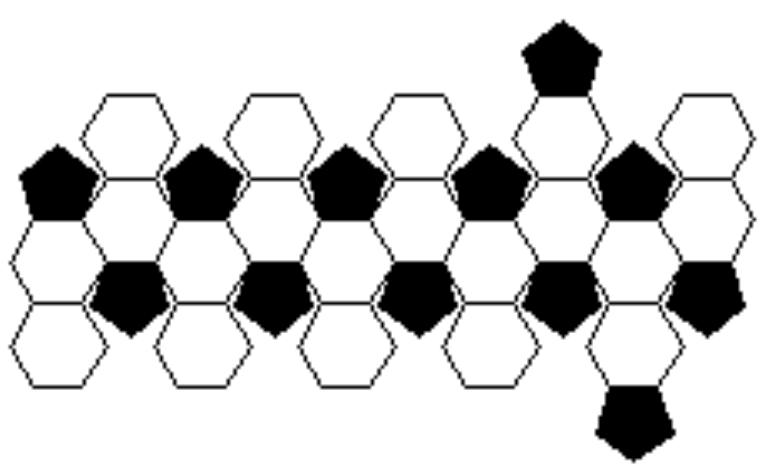 Planificação do icosaedro truncado formada por hexágonos brancos e pentágonos pretos.