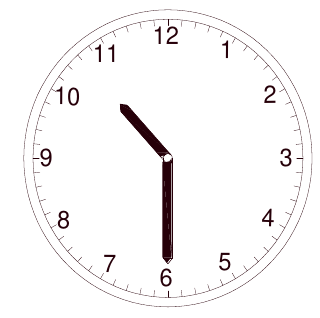 Relógio analógico com o ponteiro das horas entre o 10 e o 11 e o ponteiro dos minutos apontando para o 6.