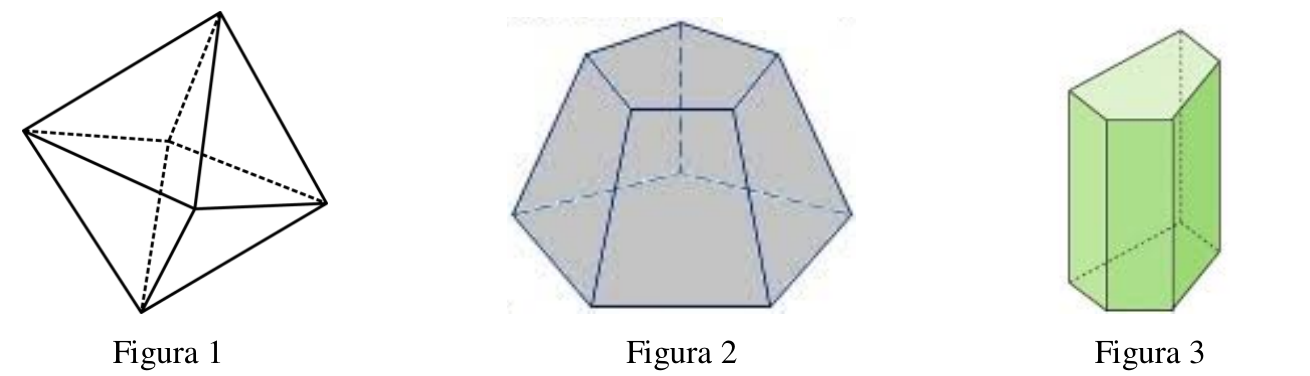Três sólidos geométricos: Figura 1, um octaedro com arestas ocultas tracejadas; Figura 2, um tronco de pirâmide de base pentagonal; Figura 3, um prisma de base pentagonal.