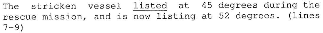 Alternativa (D): "The stricken vessel listed at 45 degrees during the rescue mission, and is now listing at 52 degrees. (lines 7-9)", com a palavra "listed" sublinhada.