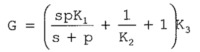 Função de transferência: G = (s·p·K1/(s + p) + 1/K2 + 1)·K3.