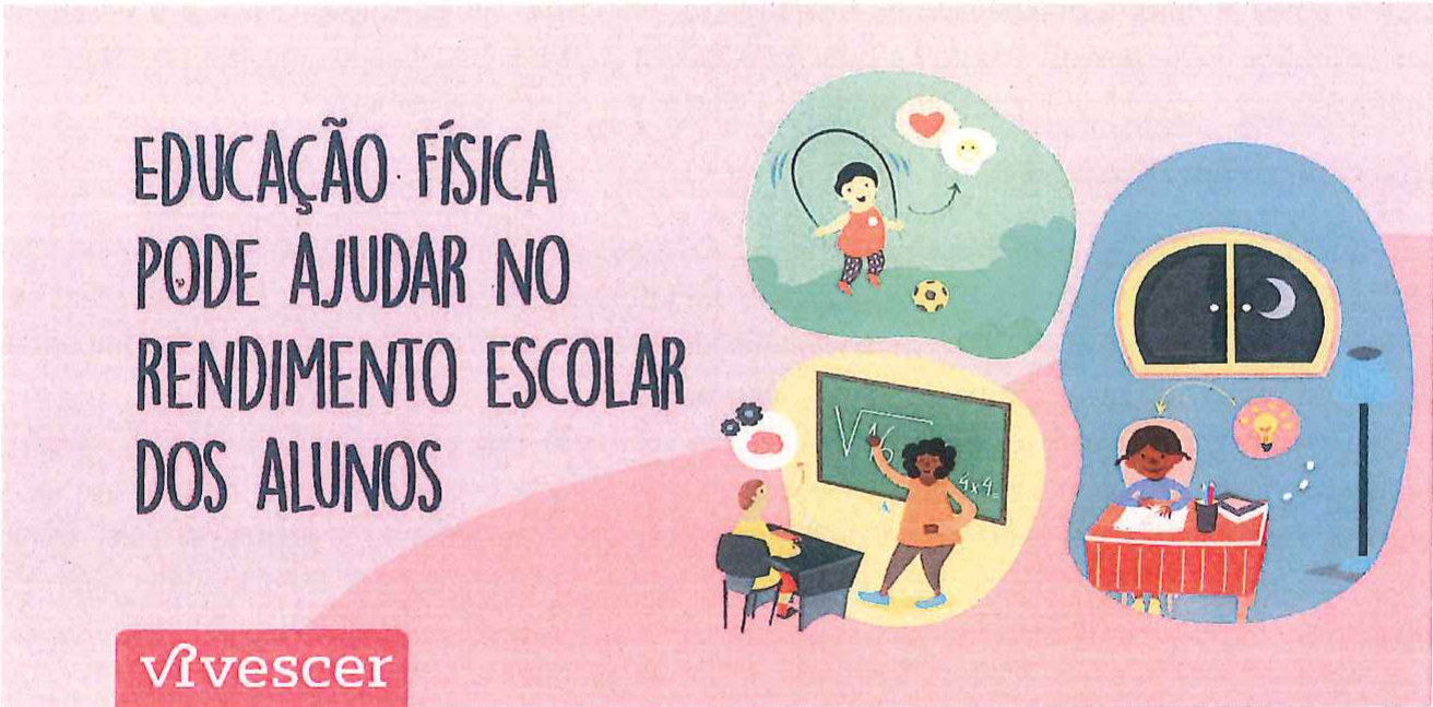 Ilustração do Texto 1 (Vivescer): em fundo rosa, os dizeres “Educação física pode ajudar no rendimento escolar dos alunos” e o logotipo “vivescer”; desenhos de uma criança pulando corda, de alunos diante de um quadro-negro e de uma menina estudando em uma mesa.