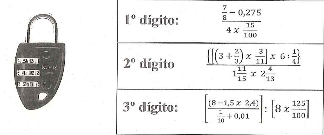 À esquerda, foto de um cadeado com segredo de três rodas numeradas. À direita, quadro com três expressões. 1º dígito: (7/8 − 0,275) dividido por (4 x 15/100). 2º dígito: {[(3 + 2/3) x 3/11] x 6 : 1/4} dividido por (1 11/15 x 2 4/13), em que 1 11/15 e 2 4/13 são números mistos. 3º dígito: [(8 − 1,5 x 2,4) dividido por (1/10 + 0,01)] : [8 x 125/100].