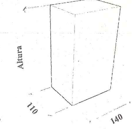 Desenho de um paralelepípedo reto retângulo com as arestas da base indicadas como 110 e 140 e a aresta vertical indicada como “Altura”.