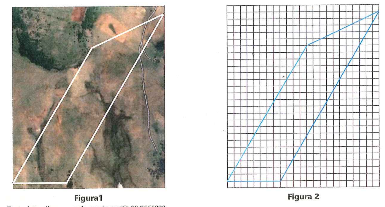Figura 1: imagem de satélite de um terreno com um quadrilátero contornado em branco. Figura 2: o mesmo quadrilátero desenhado em azul sobre uma malha quadriculada, com vértices nos cruzamentos da malha; o lado inferior é horizontal e o quadrilátero se estende do canto inferior esquerdo até o canto superior direito da malha.