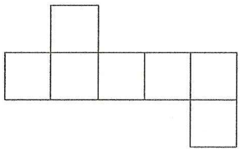 Planificação com sete quadrados: uma fileira de cinco quadrados, um quadrado acima do segundo e um quadrado abaixo do quinto quadrado da fileira.