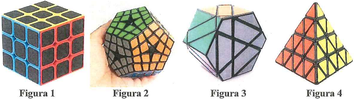 Fotos de quatro quebra-cabeças: Figura 1, cubo mágico 3x3x3; Figura 2, quebra-cabeça em forma de dodecaedro segurado na mão; Figura 3, quebra-cabeça poliédrico de faces irregulares; Figura 4, quebra-cabeça em forma de tetraedro (pirâmide).