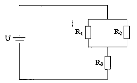 Circuito com fonte U alimentando os resistores R1 e R2 em paralelo, associados em série com o resistor R3.