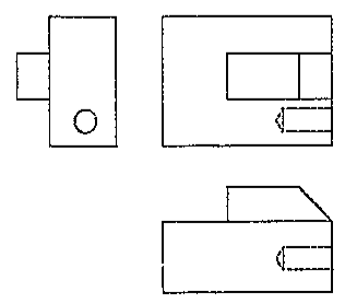 Conjunto de três vistas ortográficas da peça, opção E.